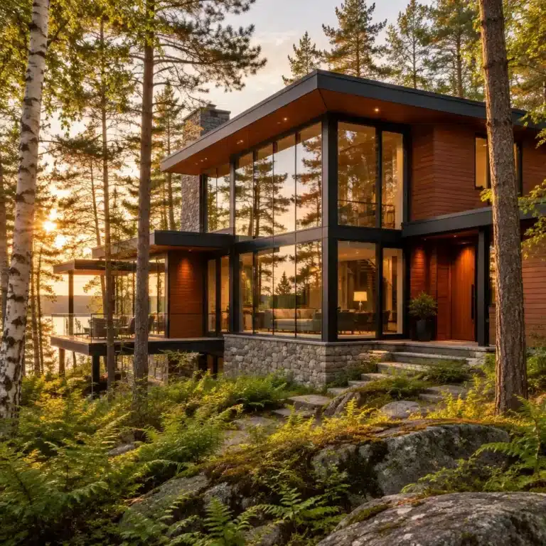 Luxury prefab home built by My Own Cottage: completed waterfront home with wood siding and a lake-view deck in Muskoka