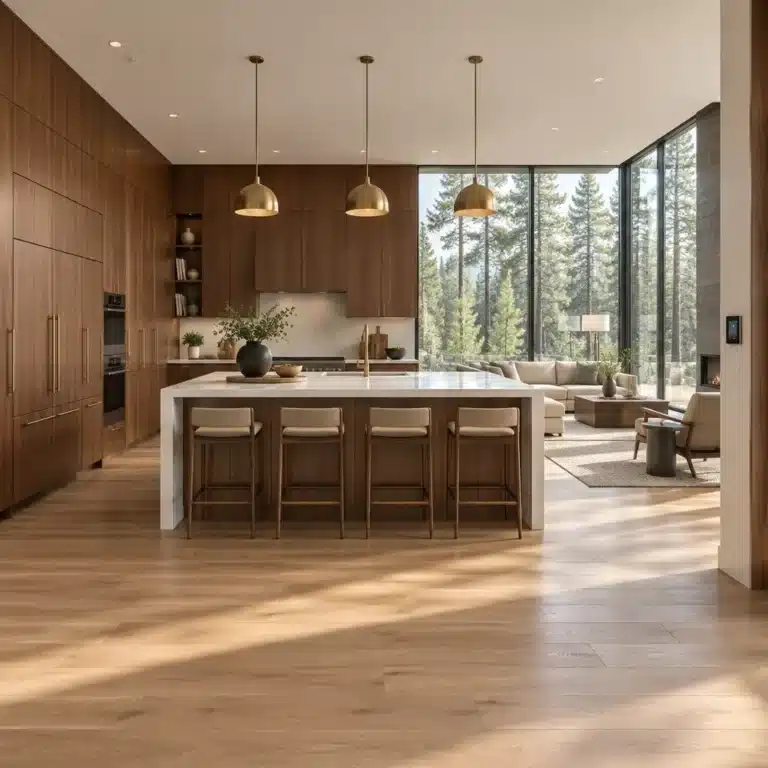 Luxury prefab home interior design: open kitchen and great room with walnut cabinetry, a waterfall island and oak floors