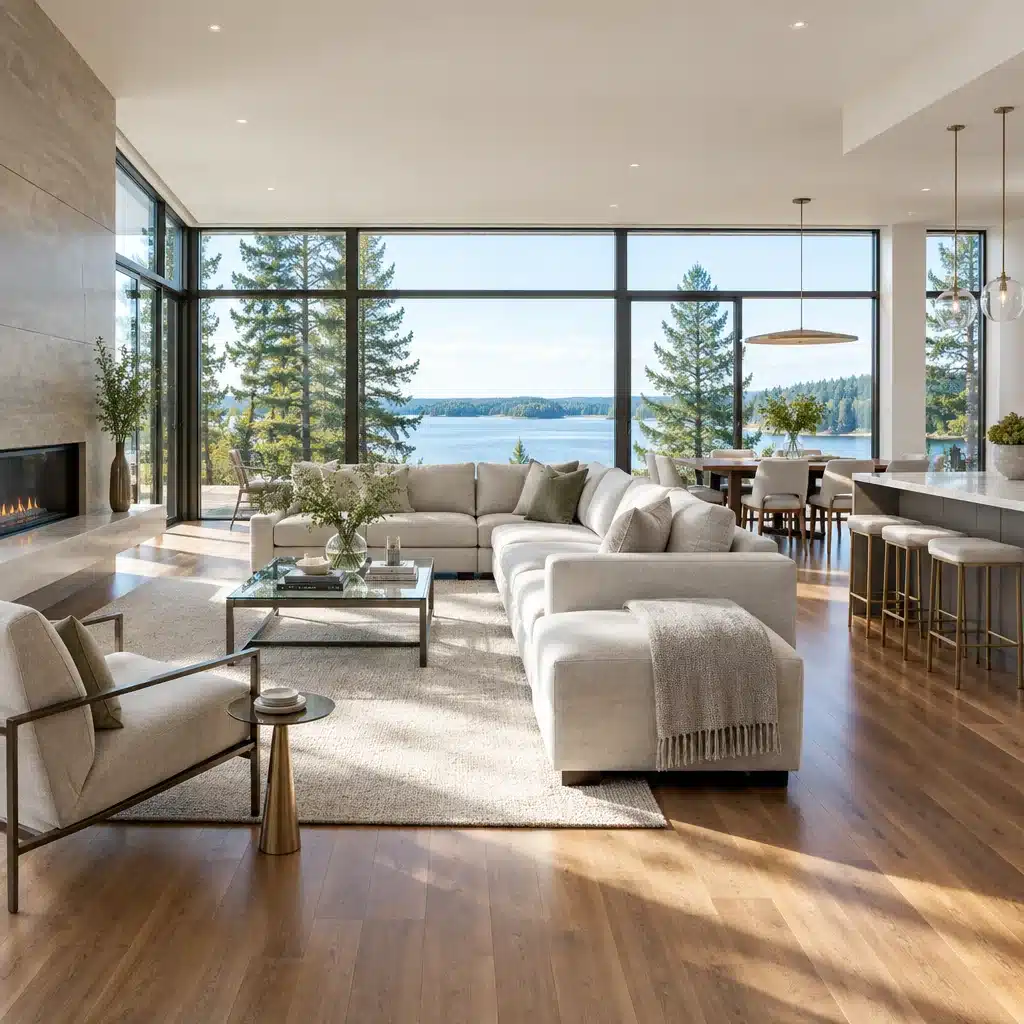 Open-plan living room, dining area and kitchen in a modern My Own Cottage prefab home in Ontario, with floor-to-ceiling windows facing a lake