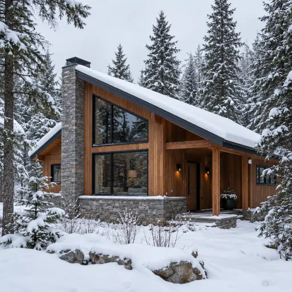 Modern prefab home with a single-pitch shed roof, cedar siding, a stone chimney and large windows in an Ontario winter