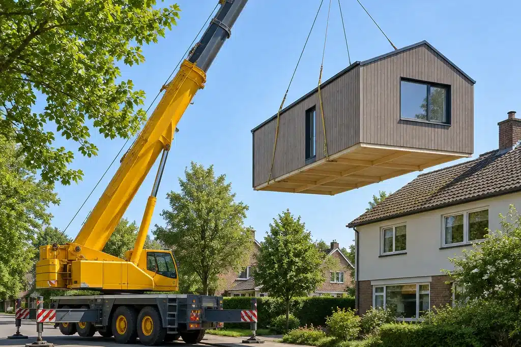 Mobile crane on a residential street lifting a finished modular home section over a front yard
