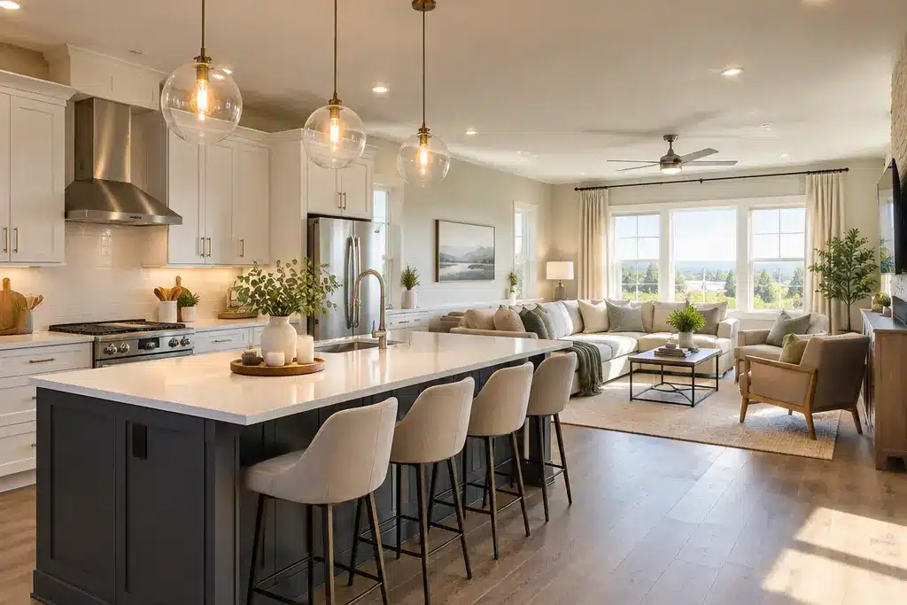 Modular homes Ottawa: finished open-concept kitchen and living room in a factory-built home design with a large island