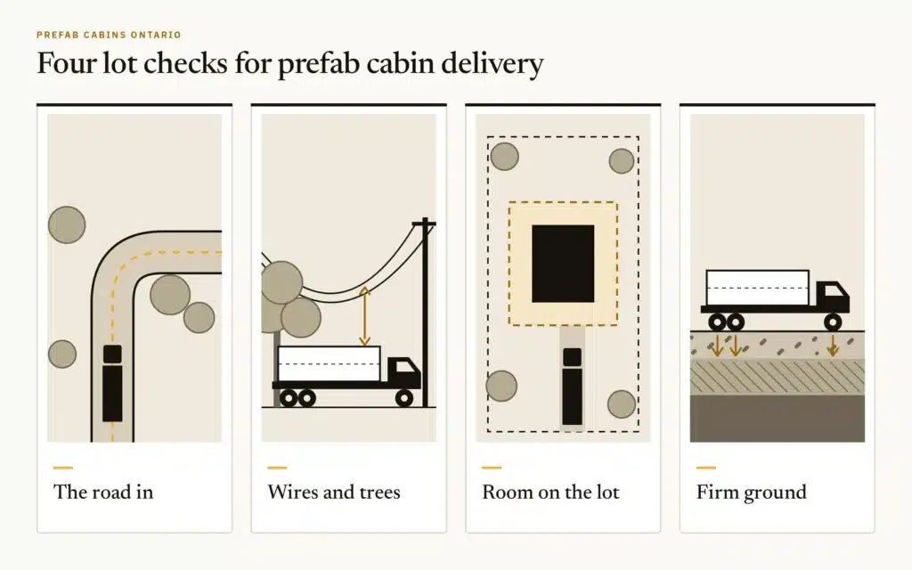 Four lot checks for prefab cabin delivery Four lot checks for prefab cabin delivery in Ontario: the road in, wires and trees, room on the lot, firm ground
