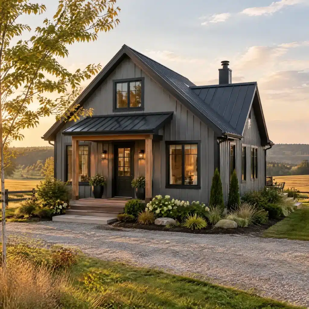 My Own Cottage custom prefab cabin design on a rural lot Prefab cabin in Ontario: a My Own Cottage custom cabin design with board-and-batten siding and a timber-post porch