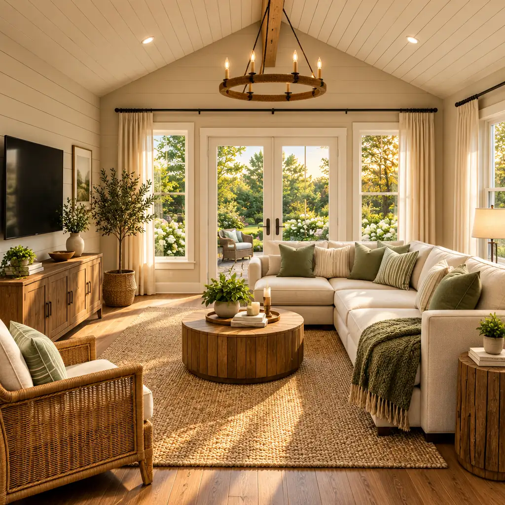Inside the Willow prefab cabin by My Own Cottage Prefab cabin in Ontario: the Willow’s living room, with a vaulted shiplap ceiling, French doors to a garden patio and a sectional sofa