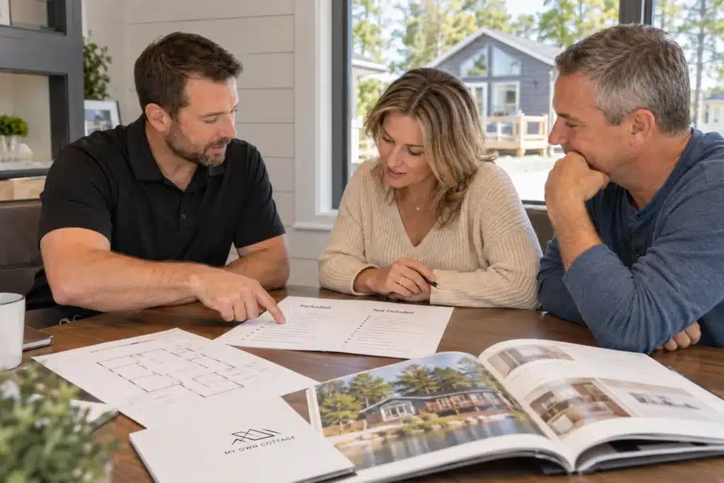 My Own Cottage team member walking two buyers through a written prefab home quote listing what is included and not included