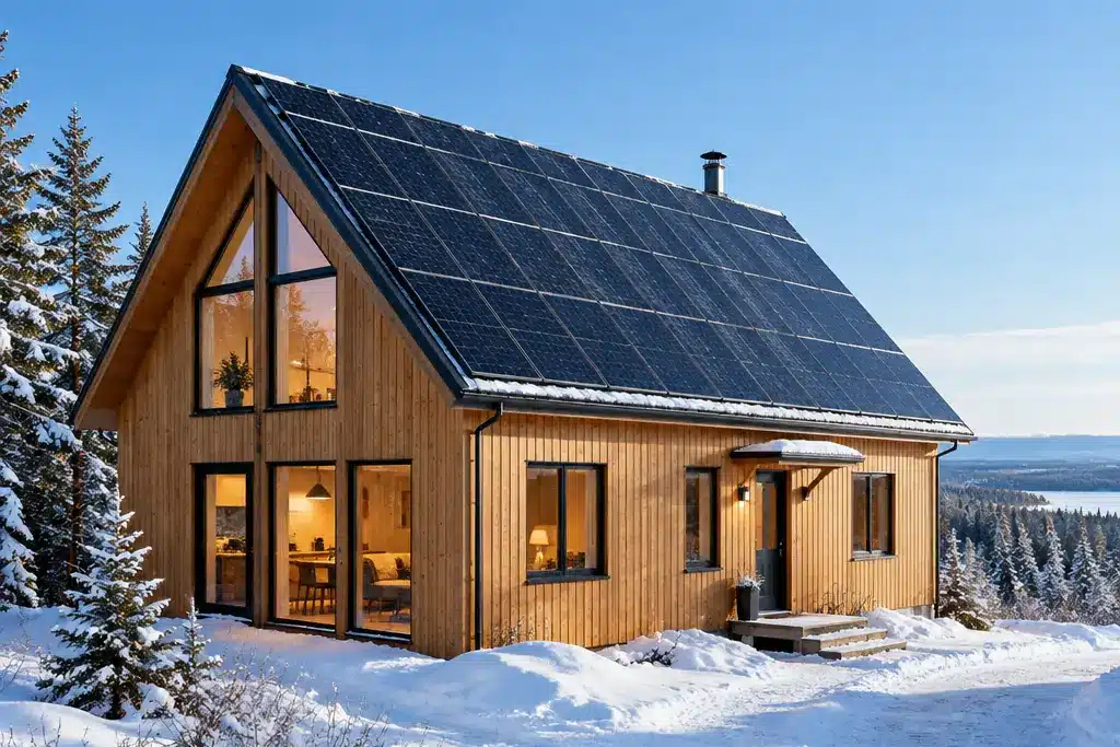Off-grid prefab homes Ottawa: a wood-clad prefab home design with a steep solar roof and wood stove chimney in winter snow