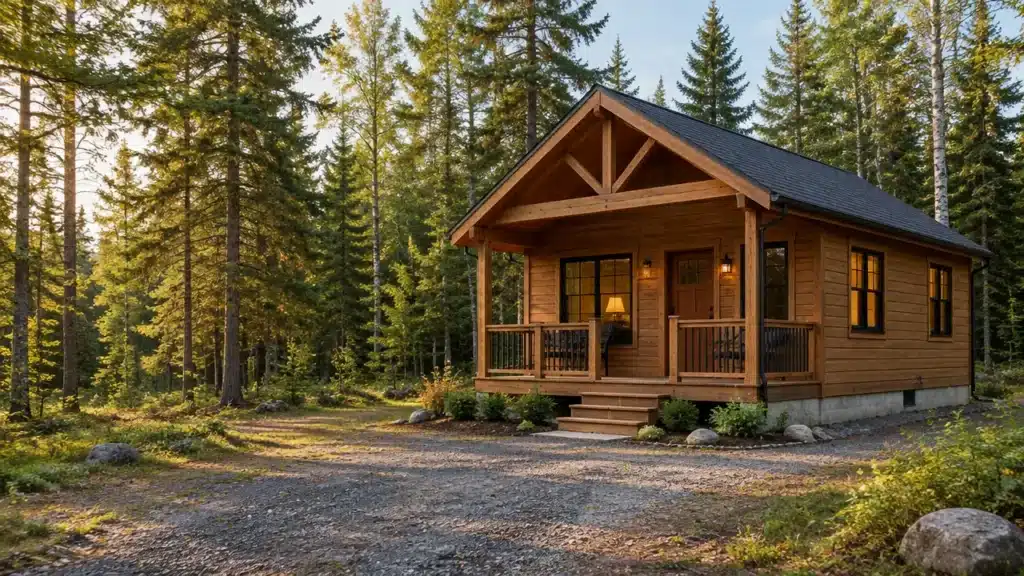 Prefab cabins Ontario: wood-sided prefab cabin with a covered front porch and timber gable trusses on a wooded lot at sunset