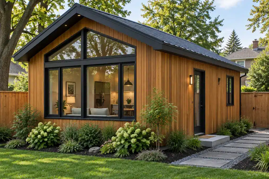 Prefab coach house Ottawa: cedar-clad factory-built coach house design with large black-framed windows in a fenced backyard