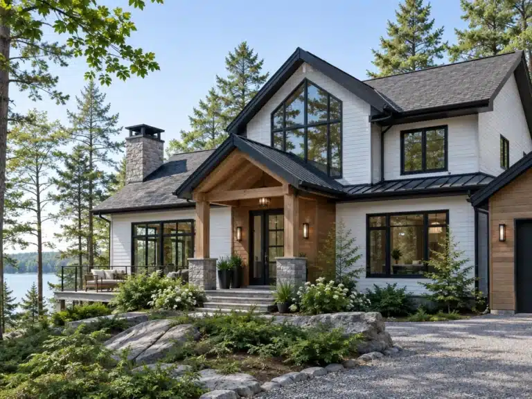 Prefab cottages Ontario: four-season cottage built by My Own Cottage on Lake Muskoka, with white lap siding, a timber-frame entry, a stone chimney and a lakeside deck