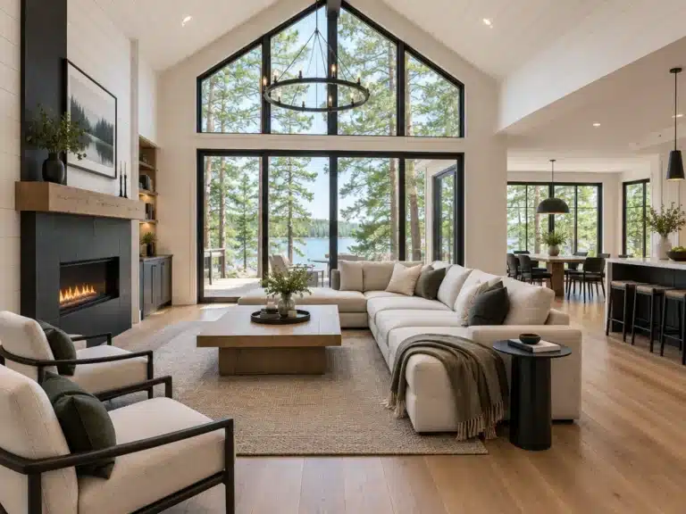 Prefab cottage interior built by My Own Cottage on Lake Muskoka: vaulted great room with a gable window wall, linear fireplace and open kitchen overlooking the lake