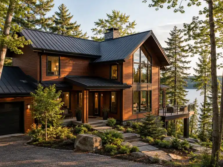 Prefab cottages Ontario: four-season cottage built by My Own Cottage on Lake Rosseau, with cedar siding, a standing-seam metal roof, a stone chimney and a lakeside deck