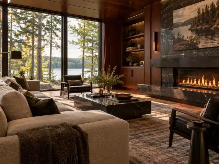 Prefab cottage interior built by My Own Cottage on Lake Rosseau: mahogany-panelled living room with a marble fireplace and floor-to-ceiling windows facing the lake