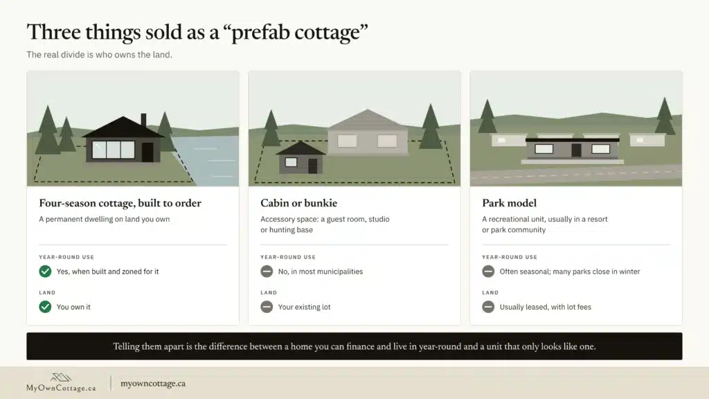 Prefab cottages Ontario for sale: a four-season cottage on land you own compared with a cabin or bunkie on an existing lot and a park model on a leased lot