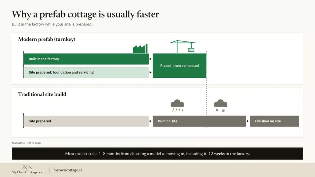 Prefab cottages Ontario timeline: factory building and site preparation run at the same time for a prefab cottage, while a traditional build runs step by step on site