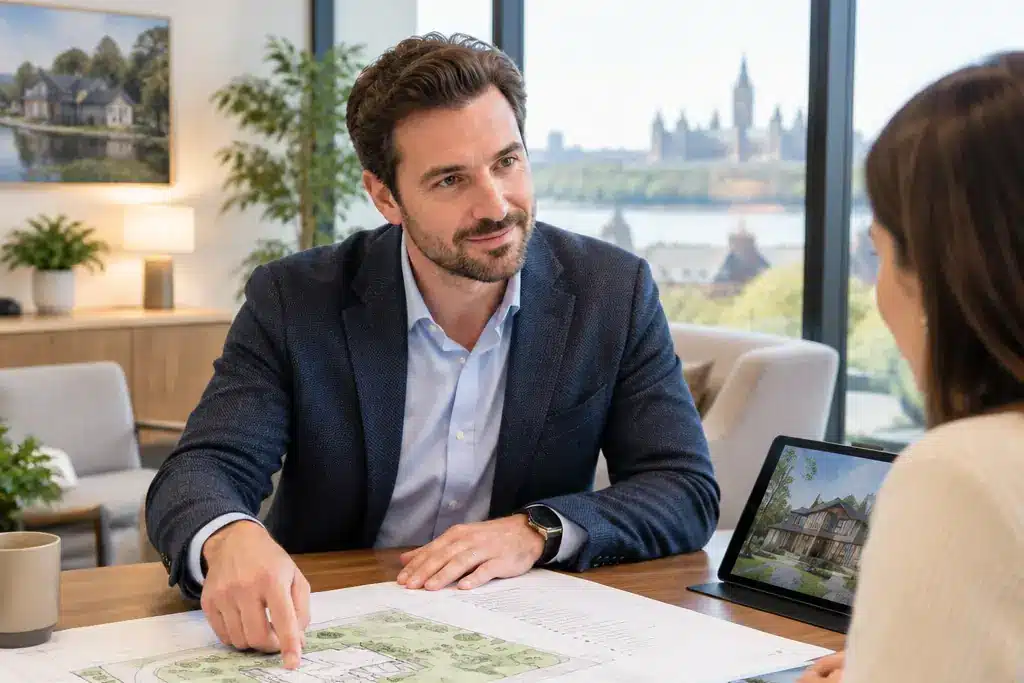 Prefab home consultation in Ottawa: a My Own Cottage consultant reviewing a site plan and design catalogue with a buyer