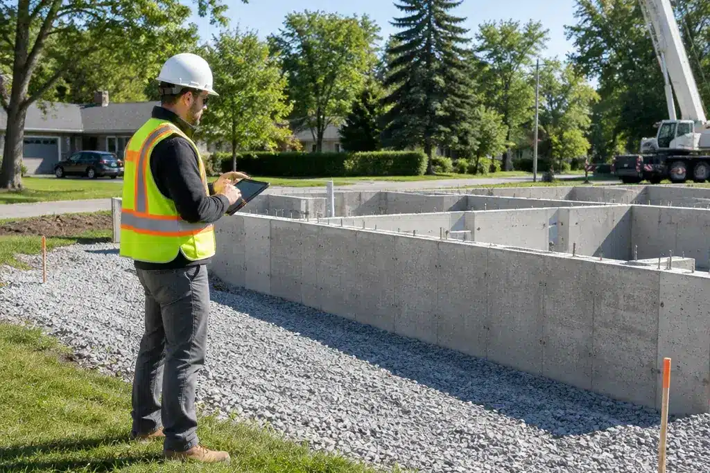 Prefab home Ottawa foundation: a poured concrete foundation and gravel base ready for a factory-built home to be set by crane