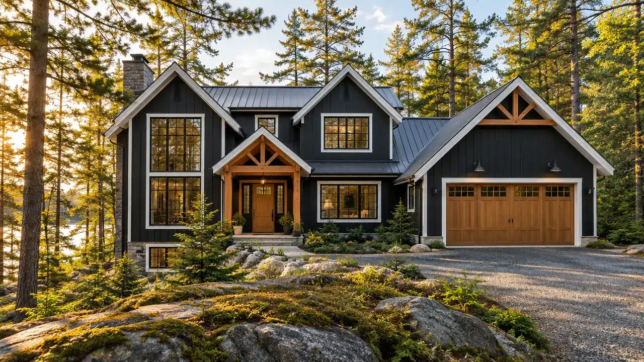 Three bedroom house plans: a My Own Cottage modern farmhouse home design with black board-and-batten siding, a timber-frame porch and an attached two-car garage