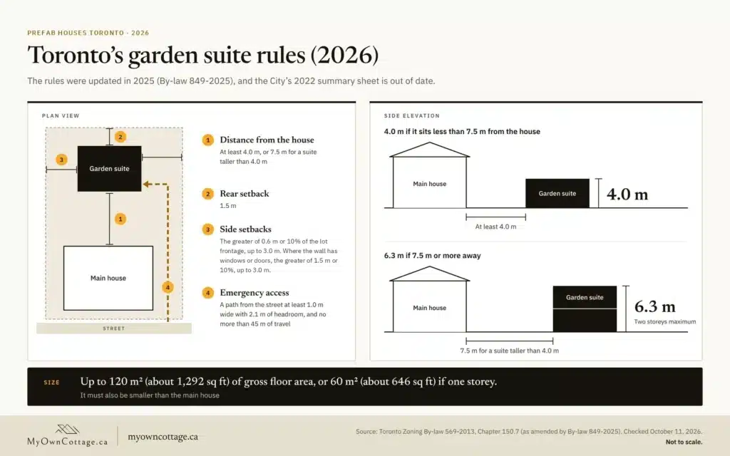 Toronto garden suite rules 2026: up to 120 m² over two storeys, 4.0 or 6.3 m tall, at least 4.0 m from the house, 1.5 m rear setback