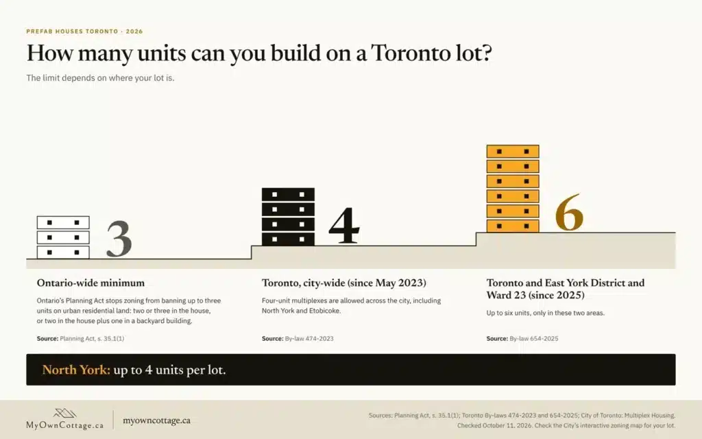 Toronto multiplex rules 2026: up to 3 units under Ontario law, 4 units city-wide including North York, and 6 in Toronto and East York District and Ward 23