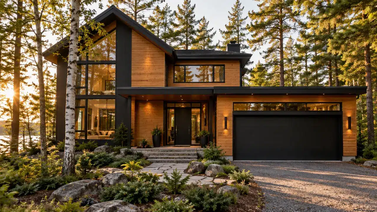 Two Story Prefab Homes | Modern Cedar Design With Two-Car Garage Two story prefab homes: a modern two-storey My Own Cottage home design with cedar siding, a double-height glass wall and an attached two-car garage