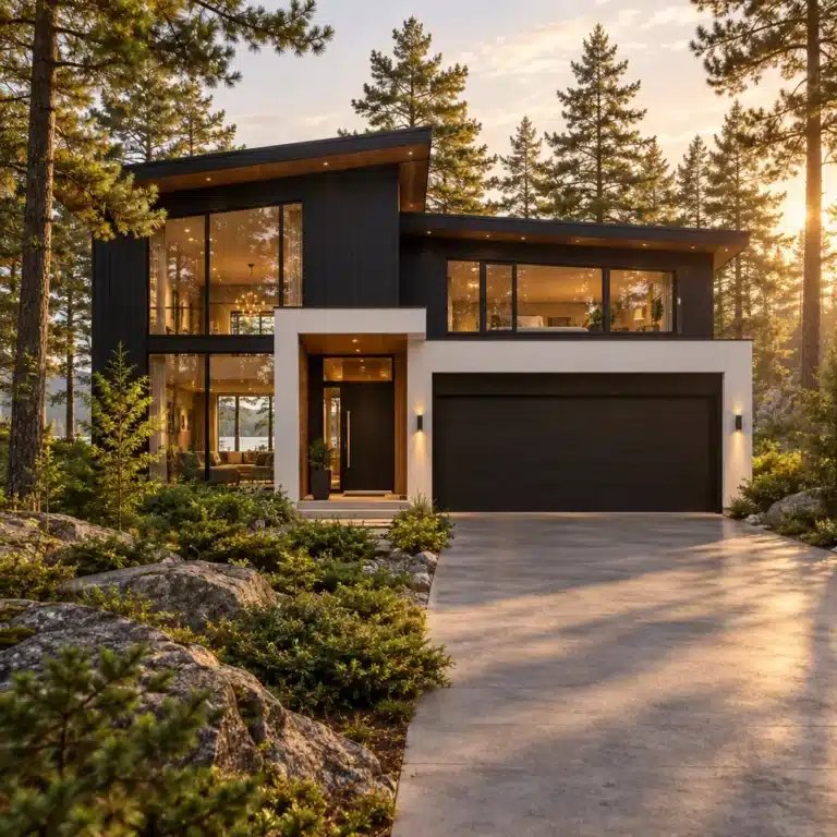 Two story prefab home built by My Own Cottage in Muskoka, Ontario Two story prefab homes built by My Own Cottage: a completed modern two-storey home in Muskoka, Ontario, with black vertical siding, floor-to-ceiling windows, a covered entry and an attached two-car garage on a rocky, pine-treed lot