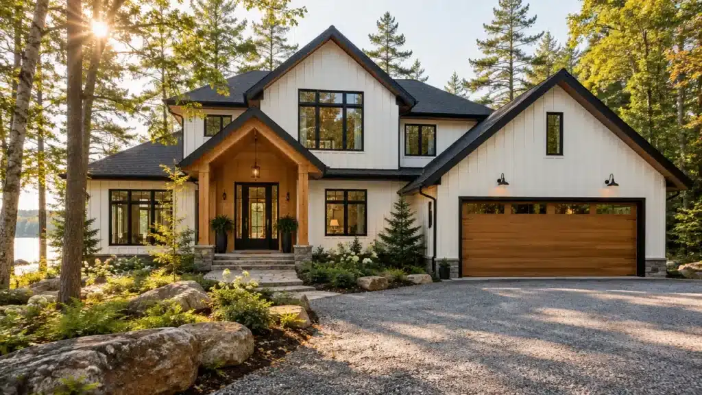 Two story prefab home built by My Own Cottage in Simcoe County, Ontario Two story prefab homes built by My Own Cottage: a completed two-storey home in Simcoe County, Ontario, with white board-and-batten siding, black-framed windows, a timber-frame front porch and an attached two-car garage on a treed lakeside lot