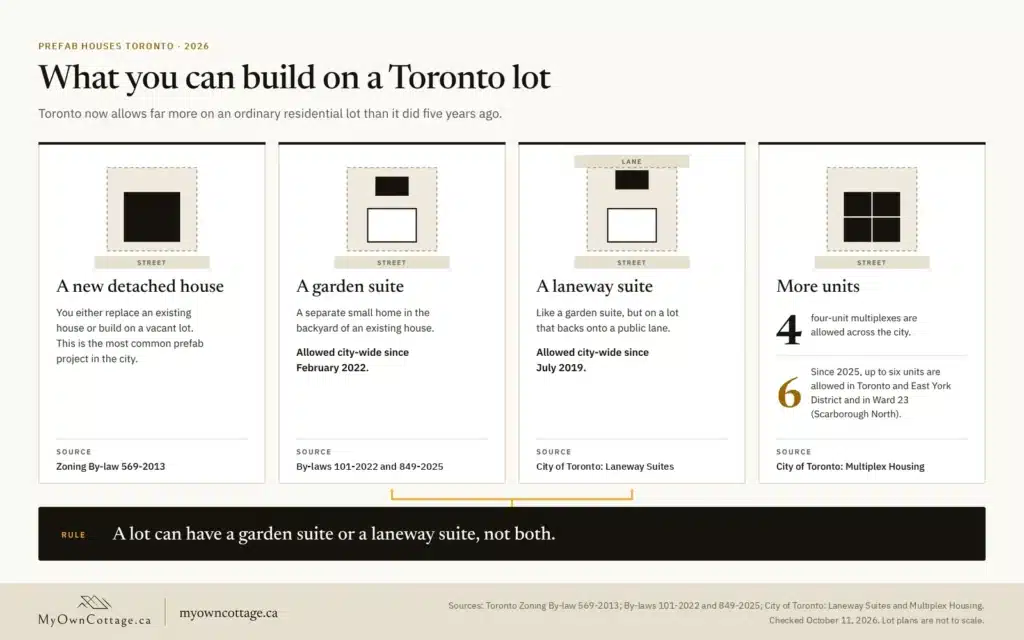 What you can build on a Toronto lot in 2026: a detached house, garden suite, laneway suite or multiplex of up to 4 or 6 units